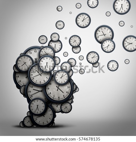Planning time business concept or wasting minutes as a group of clocks shaped as a human head as a health symbol for psychology or scheduling pressure and dementia or aging as a 3D illustration.