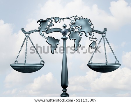 International law and global legal system concept as a justice scale shaped as the world as a metaphor for diplomatic treaty agreement or relations among nations as a 3D illustration.