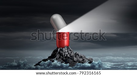 Medical advice and medication guidance and prescription drugs health consultation as a giant pill shaped as a lighthouse beacon with 3D illustration elements.