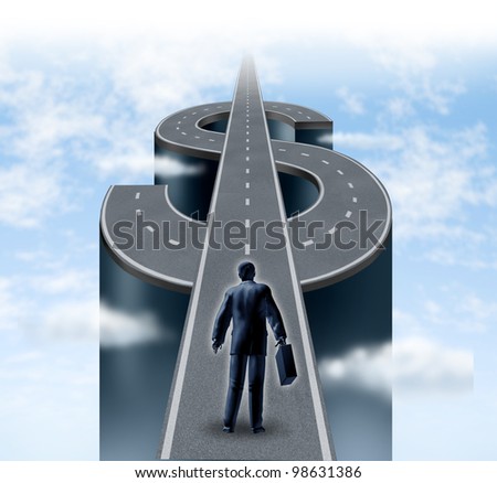 Road to riches as a business man entrepreneur starting on a path shaped as a dollar sign as a financial concept of wealth and financial success on a cloudy sky with planning and savings strategy.