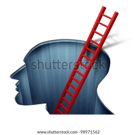 Psychotherapy and psychology for the study of the human brain function and intelligence by a psychiatry therapist with a head profile and a red ladder going deep into the mind.
