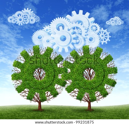 Cloud computing growth and the future of virtual storage and internet based remote desktop as trees and clouds in the shape of gears and cogs working together as a concept of the growing success.