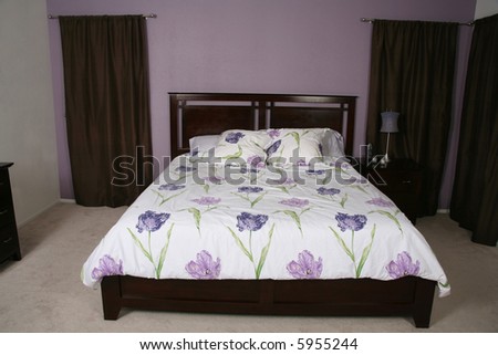 Modern vibrant bedroom interior design with king size bed