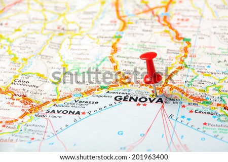 Red push pin pointing at  Genova(Genua) ,Italy  map