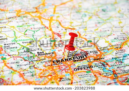 Close up of Frankfurt,Germany map with red pin - Travel concept