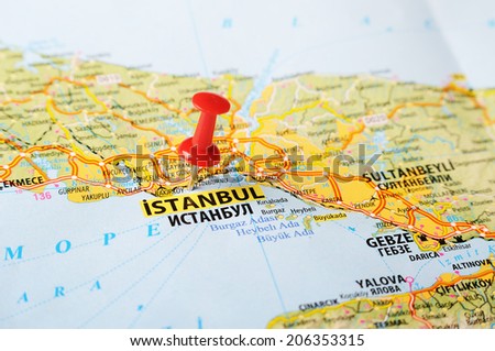 Close up of  Istanbul ,Turkey  map with red pin    - Travel concept