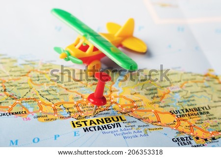 Close up of  Istanbul ,Turkey  map with red pin  and airplane   - Travel concept