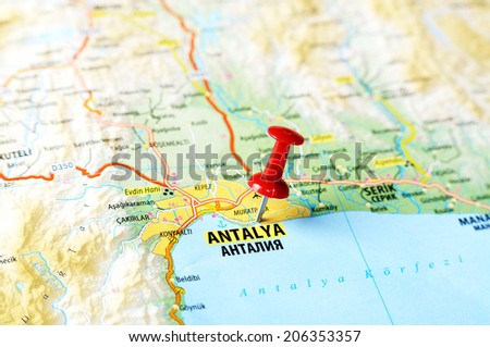 Close up of  Antalia,Turkey  map with red pin    - Travel concept