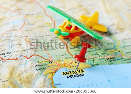 Close up of  Antalia,Turkey  map with red pin  and airplane  - Travel concept