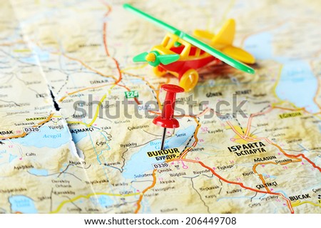 Close up of Burdur  ,Turkey  map with red pin and airplane   - Travel concept