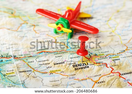 Close up of Denizli ,Turkey  map with red pin  and airplane  - Travel concept