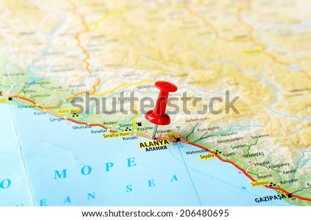 Close up of Alanya  ,Turkey  map with red pin    - Travel concept