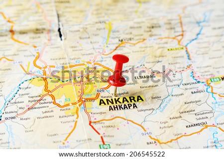 Close up of Ankara ,Turkey  map with red pin    - Travel concept
