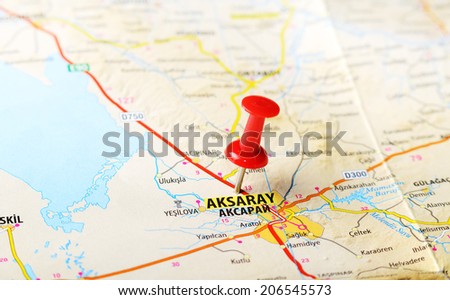 Close up of  Aksaray, Turkey  map with red pin    - Travel concept