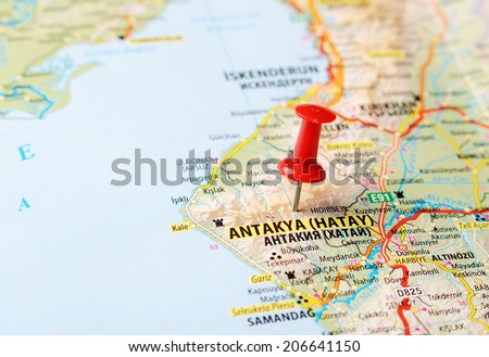 Close up of Antakya Hatay ,Turkey  map with red pin    - Travel concept