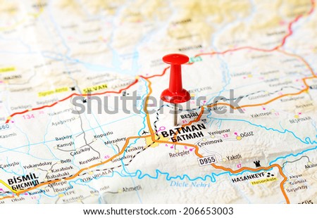 Close up of Batman ,Turkey  map with red pin    - Travel concept