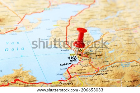 Close up of  Van ,Turkey  map with red pin    - Travel concept
