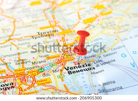 Close up of  Venice , Italy map with red pin    - Travel concept