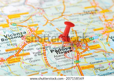 Close up of  Padua  , Italy map with red pin    - Travel concept