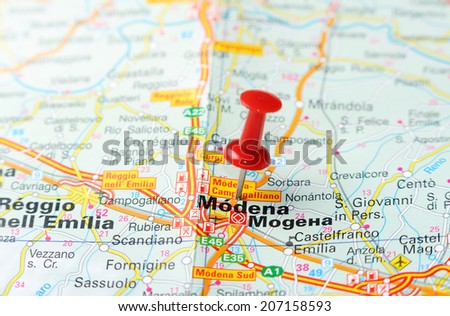 Close up of  Modena , Italy map with red pin    - Travel concept