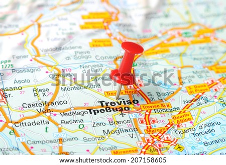 Close up of  Treviso  , Italy map with red pin    - Travel concept