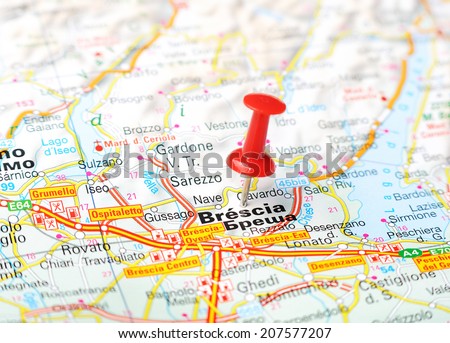 Close up of  Brescia  , Italy map with red pin    - Travel concept
