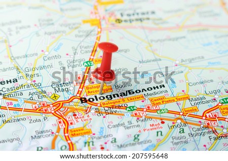 Close up of  Bologna  , Italy map with red pin    - Travel concept