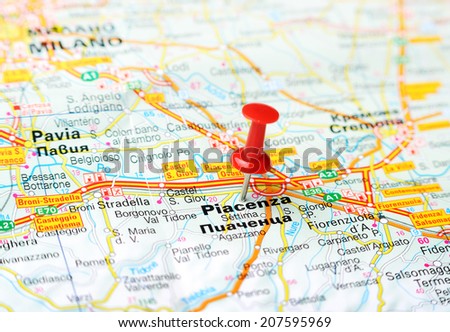 Close up of  Piacenca  , Italy map with red pin    - Travel concept