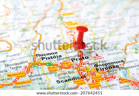 Close up of  Prato  , Italy map with red pin    - Travel concept