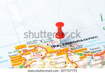 Close up of  Palermo , Italy map with red pin    - Travel concept