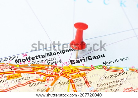 Close up of  Bari   , Italy map with red pin    - Travel concept