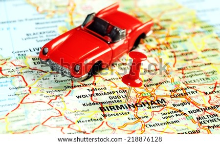 Close up of  Birmingham ,United Kingdom  map with red pin and car - Travel concept