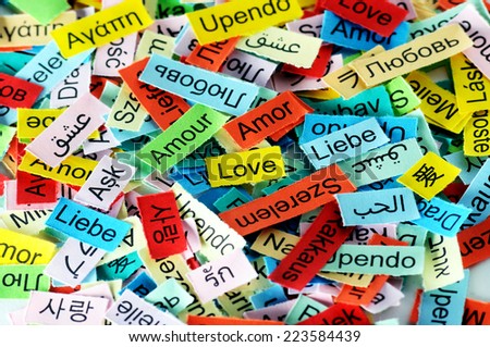 LOVE  Word Cloud printed on colorful paper different languages