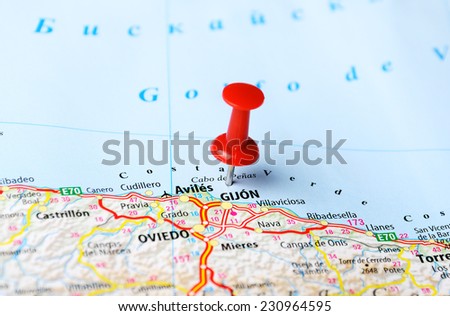 Close up of  Aviles Gijon  ,Spain  map and red pin - Travel concept