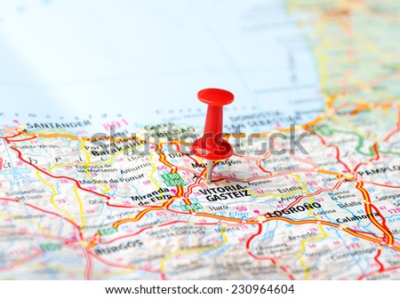 Close up of  Vitoria Gasteiz  ,Spain  map and red pin - Travel concept