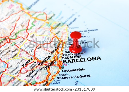 Close up of Barcelona ,Spain  map and red pin - Travel concept