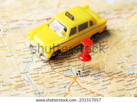 Close up of  Patnos ,Turkey  map with red pin and a taxi    - Travel concept