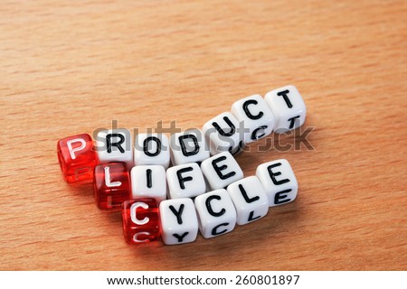 cubes with text PLC ,Product Life Cycle on wood