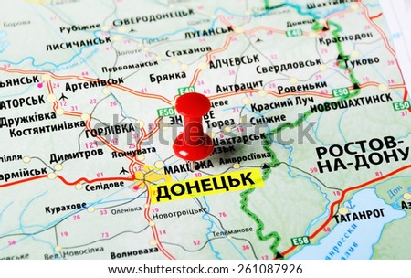 Close up of  donetsk , Ukraine or Russia , map with red pin