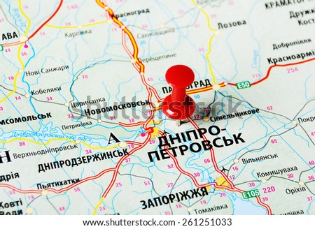 Close up of  Dnepropetrovsk  ,Ukraine , map with red pin