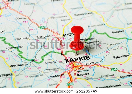Close up of  Charkov ,Ukraine , map with red pin