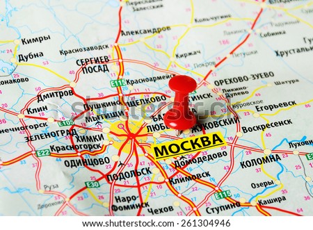 Close up of  Moscow  , Russia  map with red pin