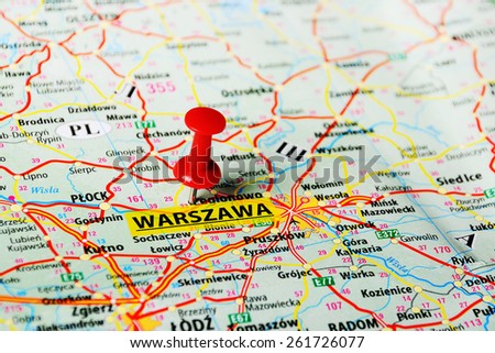 Close up of   Warsaw  , Poland  map with red pin