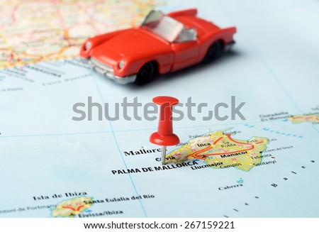 Close up of Palma de  Majorca, Spain  map and a cabrio car