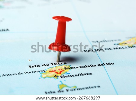 Close up of   Ibiza  island , Spain  map with red pin