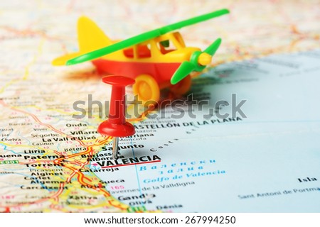 Close up of   Valencia , Spain  map and airplane toy