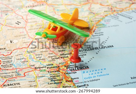 Close up of   Valencia , Spain  map and airplane toy