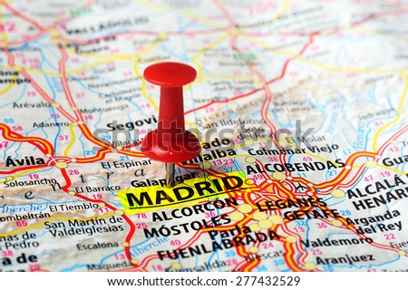 Close up of Madrid  ,Spain map and red pin - Travel concept