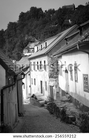 Cesky Krumlov. Beautiful Czech fabulous city. vintage black and white photos in retro