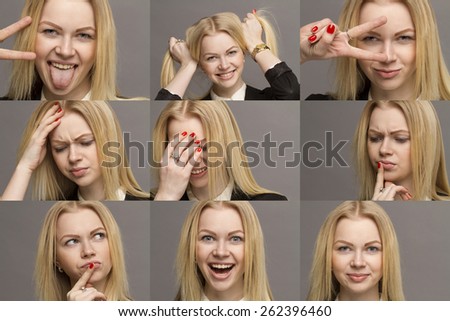 portrait of blonde emotion on a gray background